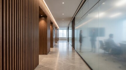 Naklejka premium Modern office corridor with wooden slats and frosted glass walls, corridor