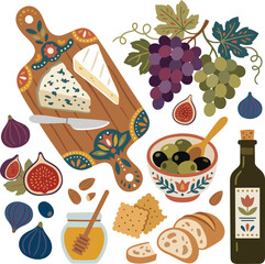 Rustic charcuterie board illustration with cheese figs grapes honey olives and artisan bread isolated on transparent background for food menus.