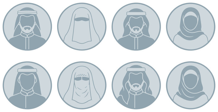 Collection of stylized circular icons representing men and women in traditional Middle Eastern attire, including hijabs and niqabs.