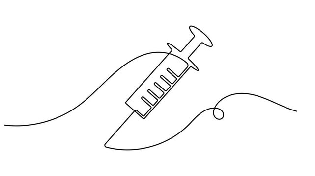 Treatment syringe icon sign continuous one line art single drawing on white background minimalist injection and medical science symbol 4k animation video