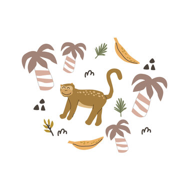 Cute african monkey and palm leaf composition in scandinavian doodle style. Cartoon vector illustration, Tropical palm and fruits, doodle floral elements in childish style.