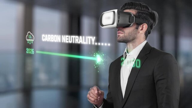 A businessman wearing a virtual reality headset explores concepts of carbon neutrality and sustainability in a modern office environment, emphasizing future goals. Raster
