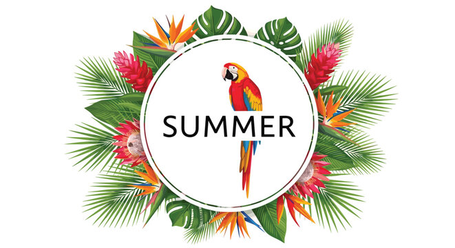 Tropical summer themed design features a colorful parrot inside a circular frame surrounded by exotic flowers and palm leaves.