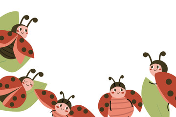 Fototapeta premium Cute Ladybug border frame in cartoon flat style. Baby ladybird on leaves. Red bug set in Childish style. Can used for kids designs, posters and wallpapers, education cards.