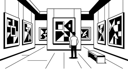 A man stands alone observing abstract art in a modern gallery. © andika chyr