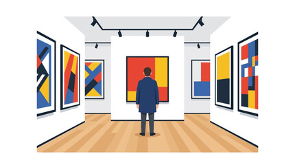 A man in a suit stands alone observing abstract paintings in a modern art gallery. © andika chyr