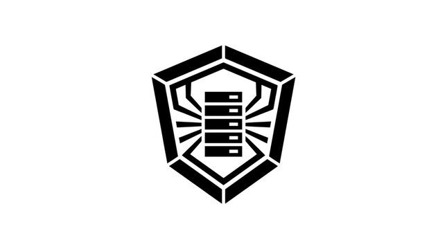 Black and white abstract shield logo with server icon and radial lines