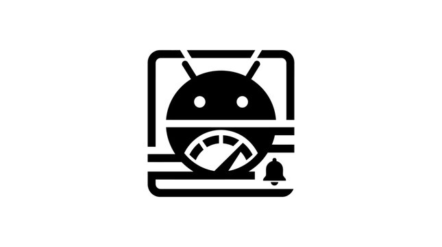 Black and white icon of a robot face with a speedometer gauge and signal bars