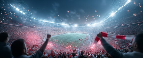 Naklejka premium Exciting football world cup soccer match with passionate fans cheering in a large illuminated stadium at night full of energy and celebration