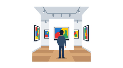 A man in a suit stands in an art gallery looking at a painting. © andika chyr