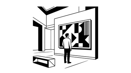 A man stands alone looking at a large abstract art piece in a gallery. © andika chyr