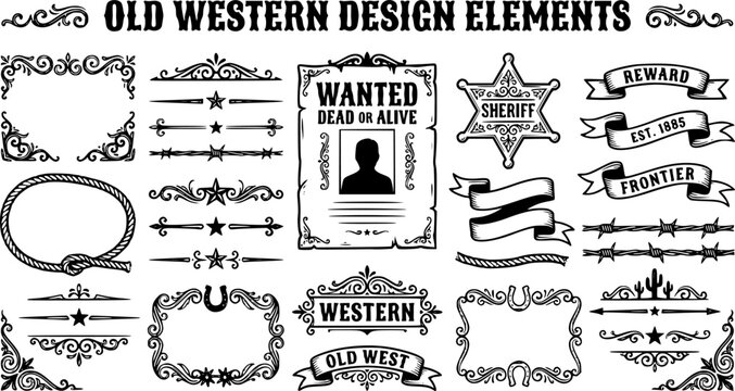 Old Western Design Elements Icon Set Embellishment Borders Divider Lines Scroll Ornate Flourish Wanted Poster Frame Banner Ribbon Rope Border Sheriff Star Barbed Wire Vector