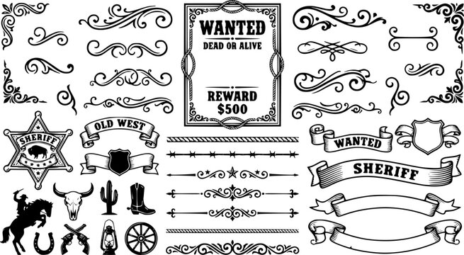 Old Western Design Elements Icon Set Embellishment Borders Divider Lines Scroll Ornate Flourish Wanted Poster Frame Banner Ribbon Rope Border Sheriff Star Barbed Wire Vector