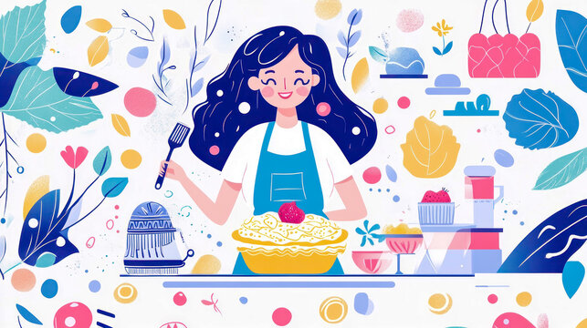 Happy young woman wearing apron baking delicious strawberry pie in vibrant and whimsical kitchen setting filled with colorful abstract floral and geometric decorative patterns