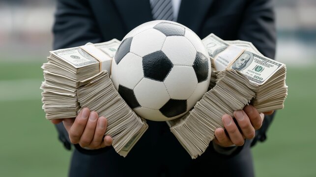 Businessman holding a classic black and white soccer ball surrounded by large stacks of US dollar bills representing football finance