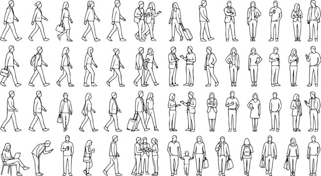CAD Drawings. Set people outlines isolated on white background. Walking, standing, talking etc. Vector illustration.