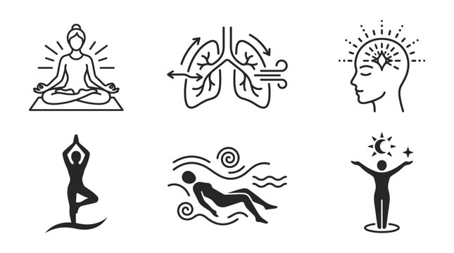 Mindfulness wellness and breathing exercise icons set with mindfulness wellness meditation breathing exercise