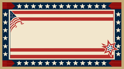 Fototapeta premium Empty space framed by american flag stripes and stars pattern. Decorative patriotic border design with rustic parchment paper. Great for holiday announcements or certificates. vector