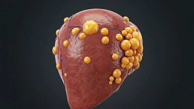 Human liver, unhealthy organ, severe fatty degeneration, abnormal yellow nodules, hepatic steatosis, cirrhosis, medical pathology, health risk, disease progression