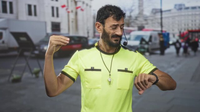 Man referee in yellow shirt wearing headset and whistle lanyard checks wristwatch and holds whistle amid parked vans and pedestrians on a busy city street; impatience.