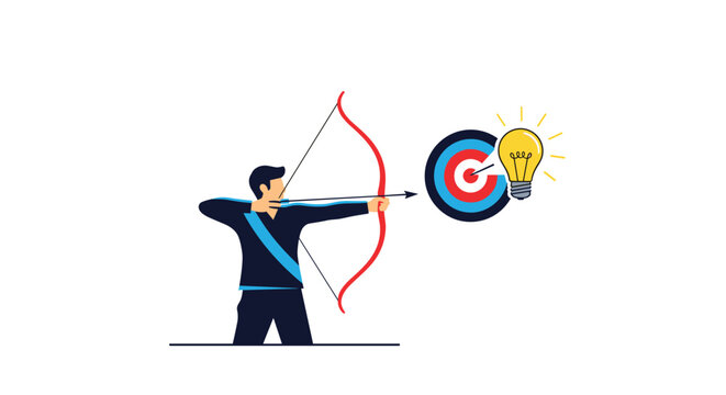 Focused archer aims his arrow at a creative target with a light bulb center symbolizing goal-oriented innovation.