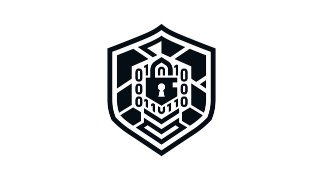 Geometric shield emblem with padlock and binary code elements