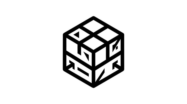 Black and white isometric cube graphic with internal geometric patterns