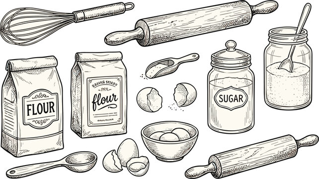 Vintage baking tools collection with rolling pins flour bags sugar jars whisk and kitchen utensils engraved vector illustration set