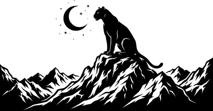Black panther silhouette sitting on mountain peak with moon and rugged terrain isolated on white background
