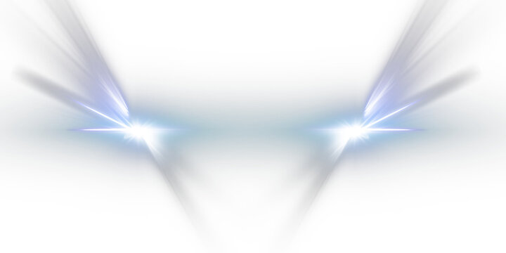 Cars light effect. White glow car headlight bright beams ray isolated on transparent background