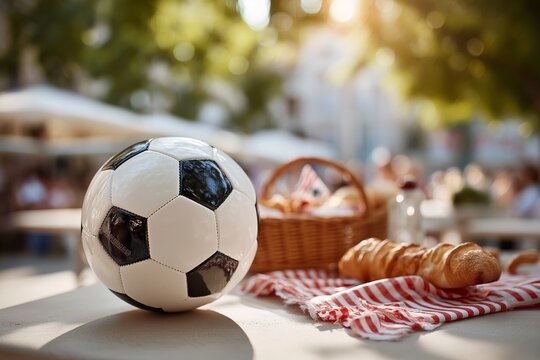 Classic black and white football on table with fresh croissants and picnic basket in sunlit outdoor cafe setting