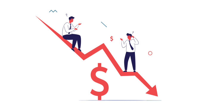 Worried businessmen sitting on declining red financial arrow with dollar sign symbolizing economic downturn and market crash.