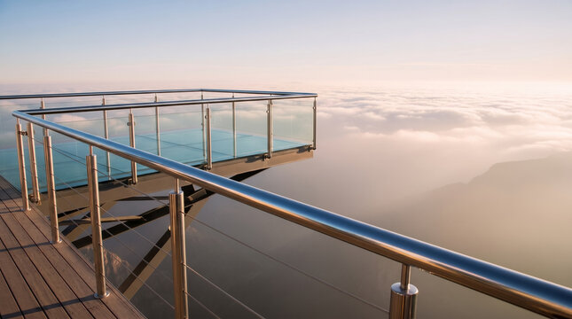 Modern glass observation deck over a cloudy canyon at sunrise, symbolizing visionary leadership and strategic business perspective.