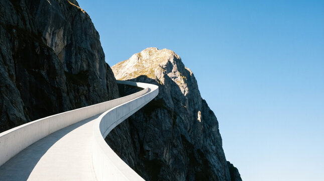 Minimalist white concrete ramp ascending a dark mountain cliff, symbolizing steady financial growth, upward mobility, and visionary progress.