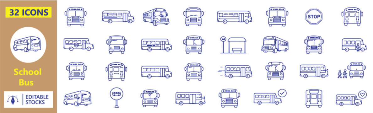 Set of 32 school bus icons Each icon will be different, create a vector outline icons using white background and black color 