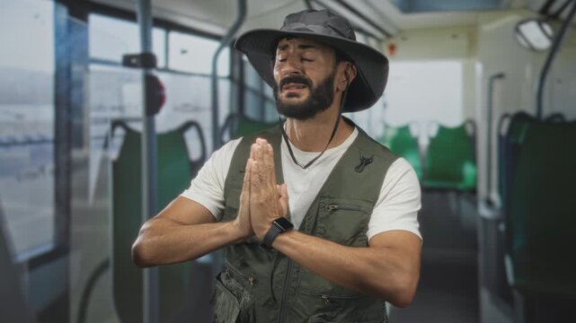 Man fisherman wearing hat and vest pressing hands together in prayer gesture on a bus aisle street near green seats and window; hopeful solitude.