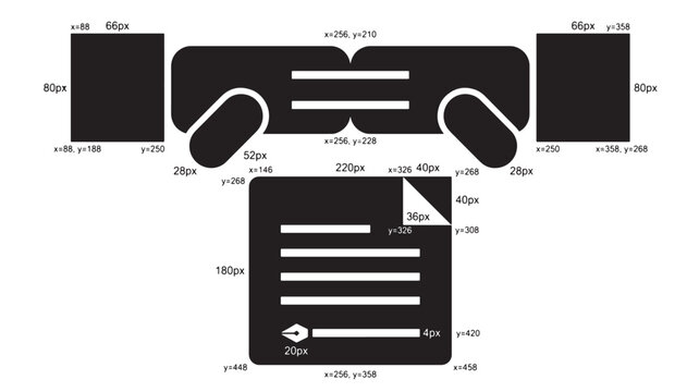Layout wireframe represents a document structure with precise pixel dimensions and alignment guides.