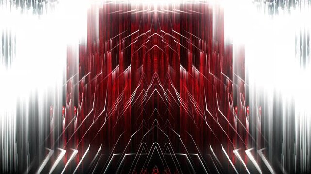 Red and white pixel sorted glitch lines bursting from center, digital distortion seamless VJ loop