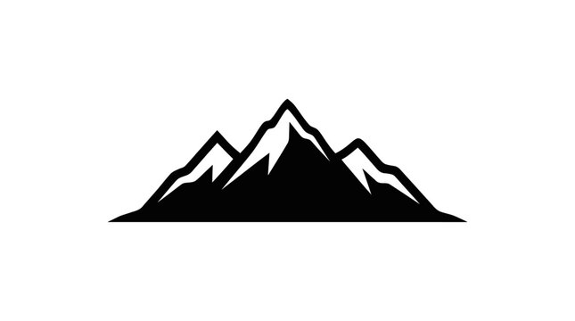 Black silhouette mountain range icon with snow caps on white