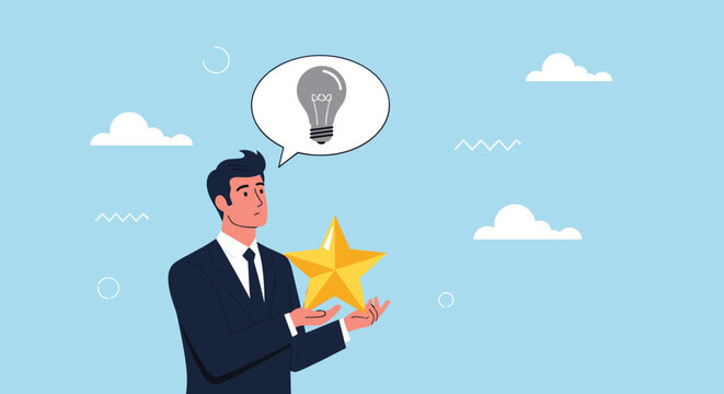 Pensive businessman holding glowing gold star with dim lightbulb in thought bubble representing quest for better creative ideas.