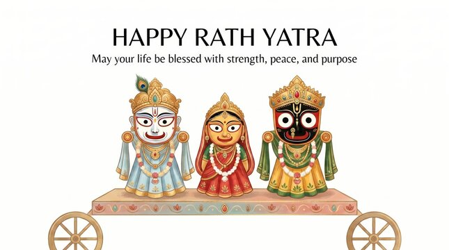 Rath yatra celebration greeting card featuring decorative deities jagannath balabhadra and subhadra sitting on a traditional wooden cart with festive floral ornaments for spiritual indian festivals
