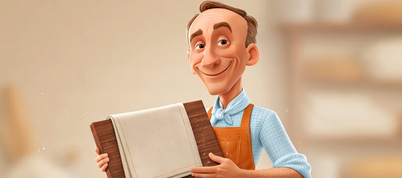 Baker presenting wooden bread board with linen towel in bakery setting