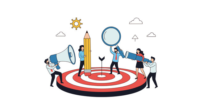 Professional team standing on huge target using various business tools to achieve goals and improve performance at work environment.