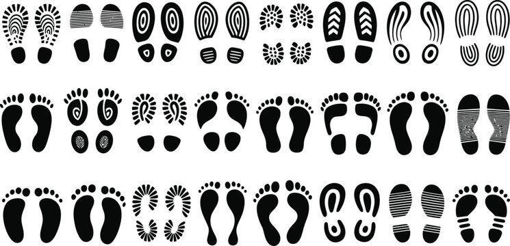 footprint basic black shoe print and bare foot icon set