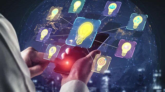 Innovative Technology Concept with Smartphone and Light Bulbs on Global Network Background Representing Ideas and Inspiration in a Digital World. Entropy.