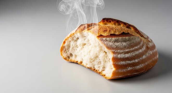 Freshly baked artisan bread with steam rising against a clean studio background