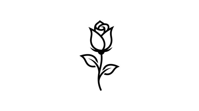 Simple black line drawing of a rosebud with leaves