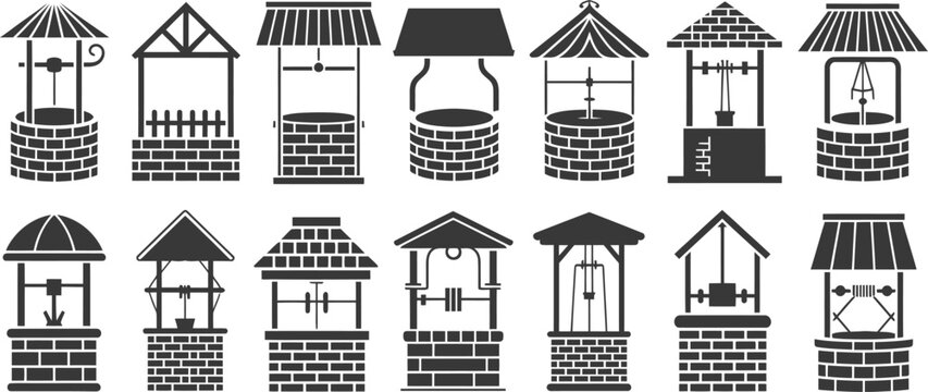 well outline collection of handpump pulley and bucket motifs