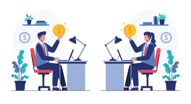 Businessman and businesswoman working at office desks while holding golden coins representing equal earnings and gender parity.