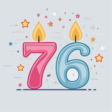 Birthday Candles Number 76 with Flames and Confetti